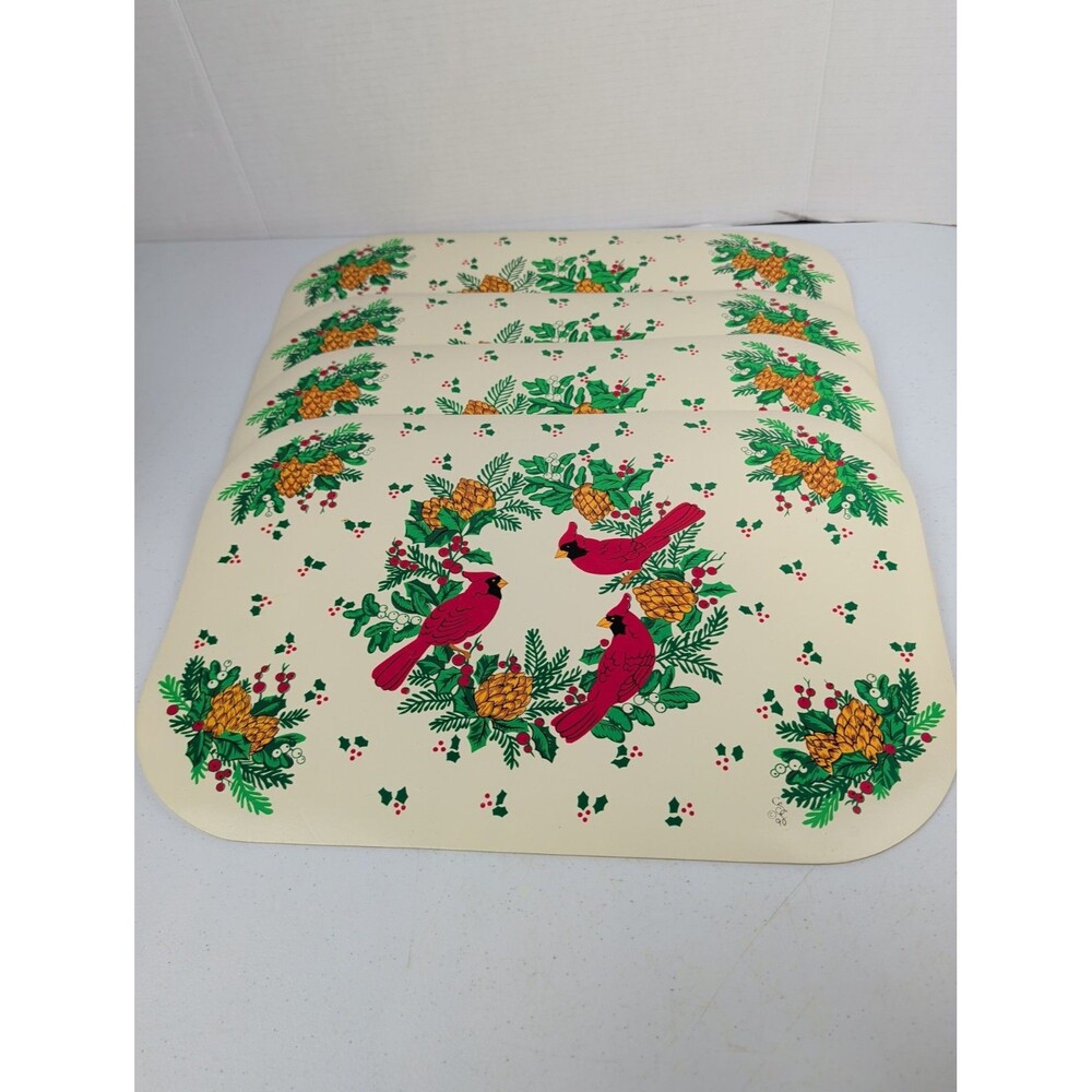 VTG  Cardinal & Holly  Pinecone Christmas Vinyl Placemats-set Of 4 Cottage Core